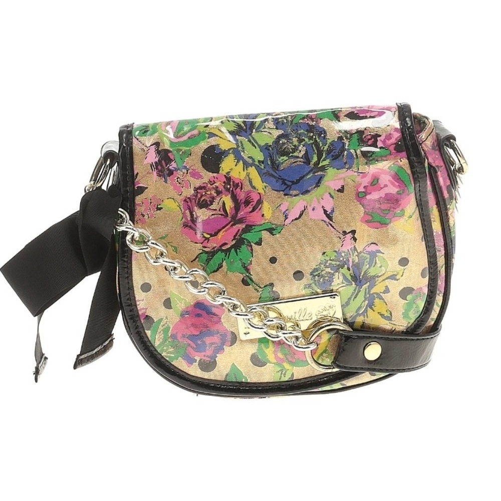 Betsey Johnson Pink and Green Crossbody Bag with Floral Design